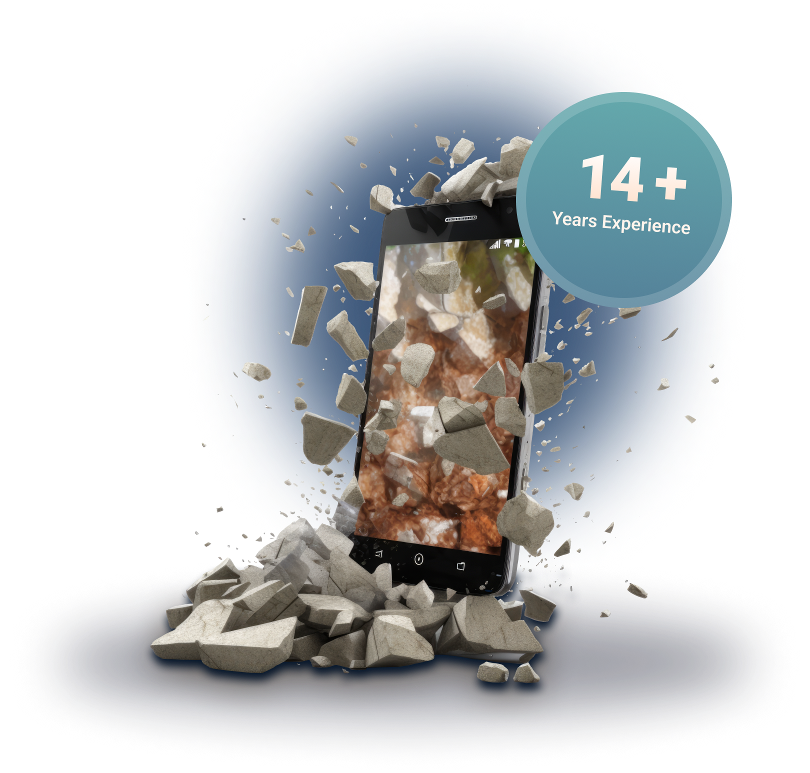 A mobile phone breaking out of stone